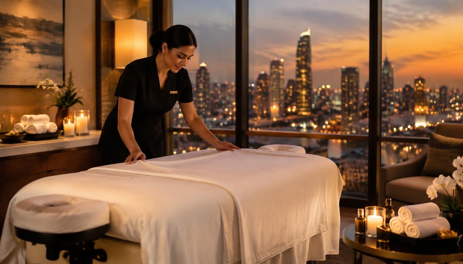 A massage therapist preparing a massage table in an upscale suite at dusk
